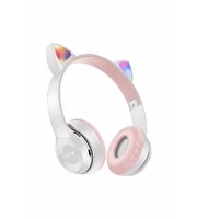 Kedi Tasarımlı Katlanabilir Led Işıklı Kulaklık Gri Pembe