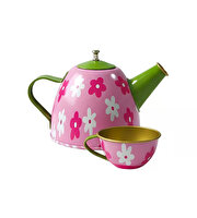 Pembe Çiçek Desenli Metal Çay Seti