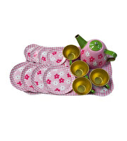 Pembe Çiçek Desenli Metal Çay Seti