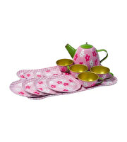 Pembe Çiçek Desenli Metal Çay Seti