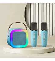 Mini Kablosuz Bluetooth Karaoke Hoparlör Çift Mikrofonlu Çocuk Karaoke Seti Mavi