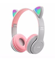 Kedi Tasarımlı Katlanabilir Led Işıklı Kulaklık Gri Pembe
