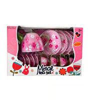 Pembe Çiçek Desenli Metal Çay Seti