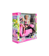 Pembe Motosiklet ve Kasklı Uzun Saçlı Bebek