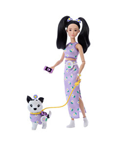 Barbie Uyumlu Dostlar Siyah Saçlı Bebek ve Köpekçiği JFP39