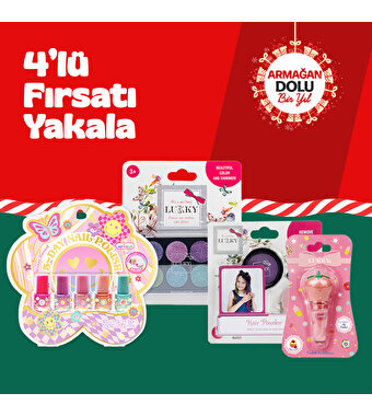 4’lü Yılbaşı Kozmetik Seti: Göz Farı, Dudak Parlatıcısı, Oje ve Saç Tebeşir Seti