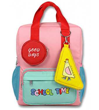 School Time Baskılı Pembe Yeşil Okul Çantası