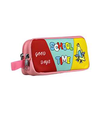 School Time Baskılı Pembe Yeşil Kalem Çantası