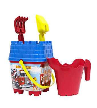 Resimli Mavi Kapaklı Kırmızı Suluklu Kale Kova Seti