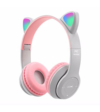 Kedi Tasarımlı Katlanabilir Led Işıklı Kulaklık Gri Pembe
