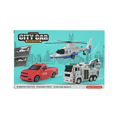 City Car Helikopter ve Kamyon İkili Araç Set Kırmızı Kamyon
