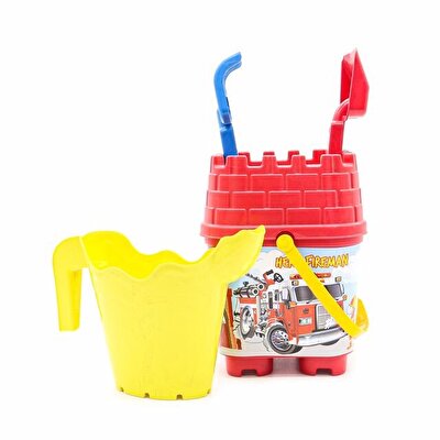 Resimli Kırmızı Kapaklı Sarı Suluklu Kale Kova Seti