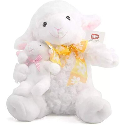 Türkçe Masal Anlatan Yavrulu Kuzu Peluş Beyaz