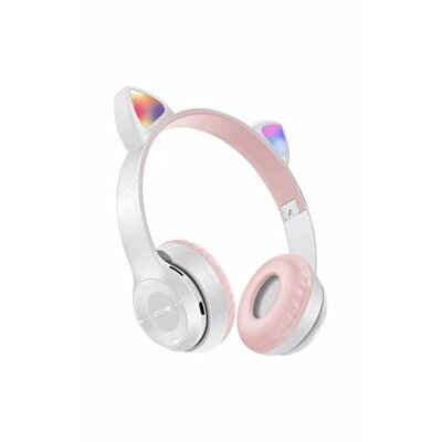 Kedi Tasarımlı Katlanabilir Led Işıklı Kulaklık Gri Pembe