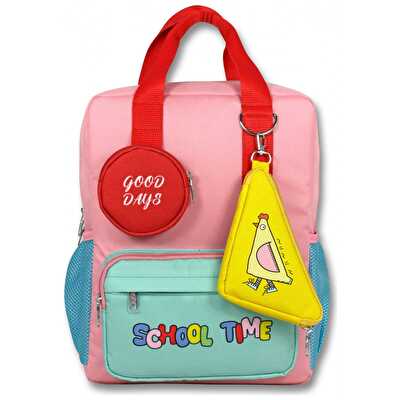 School Time Baskılı Pembe Yeşil Okul Çantası