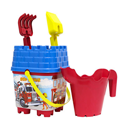 Resimli Mavi Kapaklı Kırmızı Suluklu Kale Kova Seti