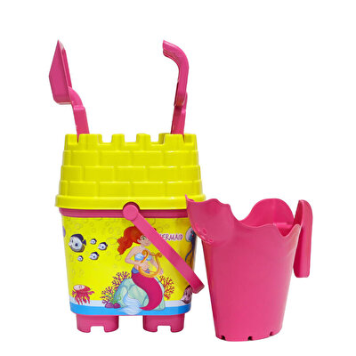 Resimli Sarı Kapaklı Pembe Suluklu Kale Kova Seti