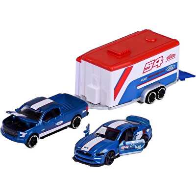 Majorette Car Trailer Ford 1:64 Lisanslı Metal Araç Seti Ford F-150 Raptor+Ford Mustang Gt