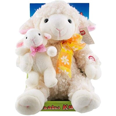 Türkçe Masal Anlatan Yavrulu Kuzu Peluş Beyaz