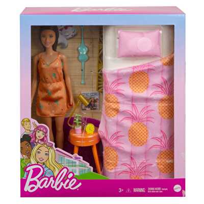 Pijamalı Barbie Bebek ve Yatak Odası Oyun Seti GRG86