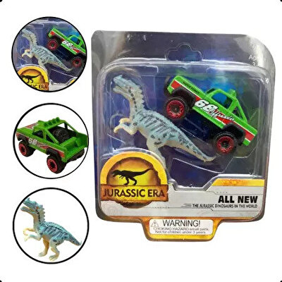 Metal Arabalı Jurassic Era Kauçuk Dinozor Seti Yeşil