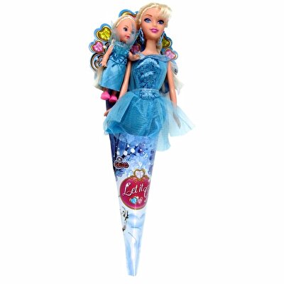 ̇ Külahlı Anne ve Kızı Bebek Mavi Elbiseli