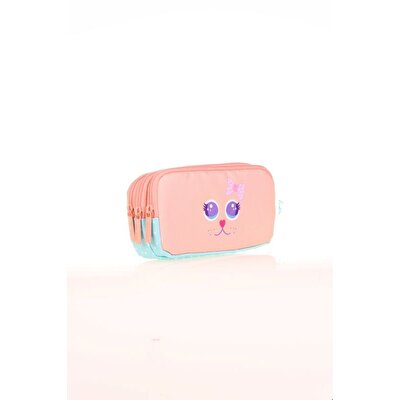 Kaukko Kids 3 Bölmeli Cute Face Cat Kalem Çantası