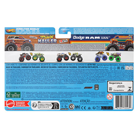 Hot Wheels Monster Trucks Güçlü İkili 1:64 Arabalar Town Hauler ve Dodge Ram Van JCC65