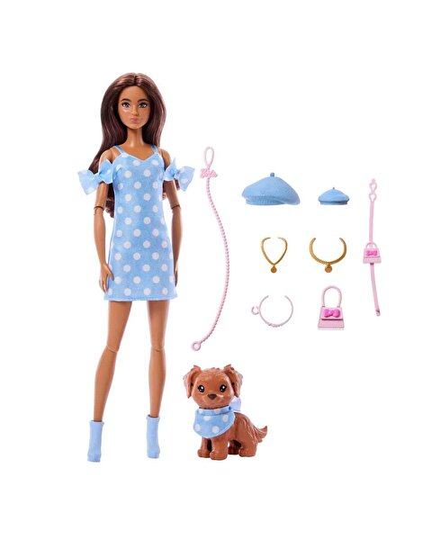 Barbie Uyumlu Dostlar Kahverengi Saçlı Bebek ve Köpekçiği JFP38