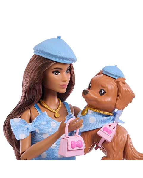 Barbie Uyumlu Dostlar Kahverengi Saçlı Bebek ve Köpekçiği JFP38