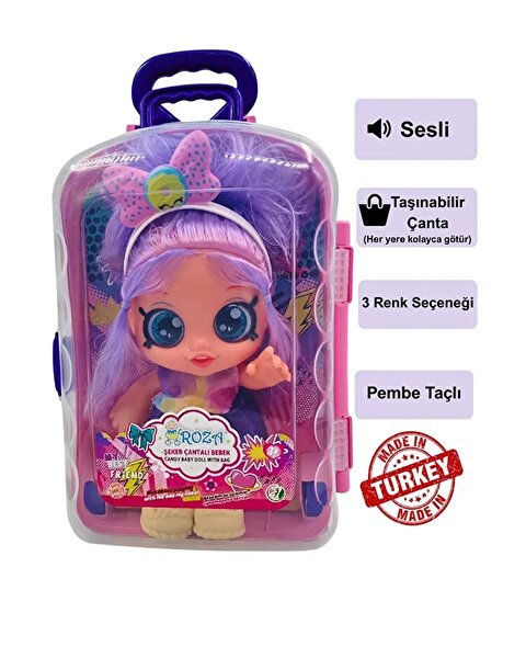 Sesli ve Taşınabilir Çantalı Şeker Kız Roza Bebek