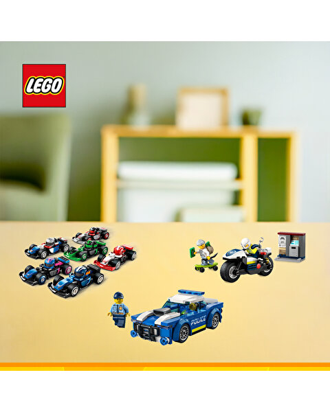 LEGO City Polis Macera 3’lü Özel Set Paket (Polis Araba + Polis Motosikletli Kovalamaca + Mini Formula Yarış Aracı)
