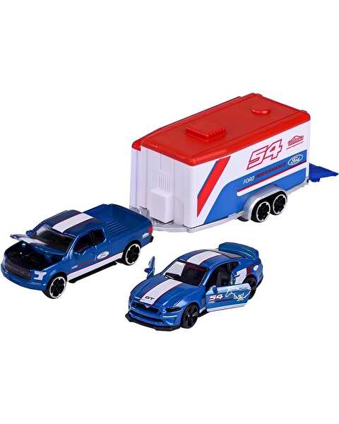 Majorette Car Trailer Ford 1:64 Lisanslı Metal Araç Seti Ford F-150 Raptor+Ford Mustang Gt