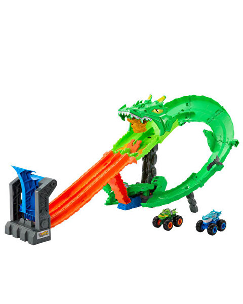 Hot Wheels Monster Trucks Köpek Balığı ve Dinozor Korkunç Ejderhaya Karşı Oyun Seti JFR06