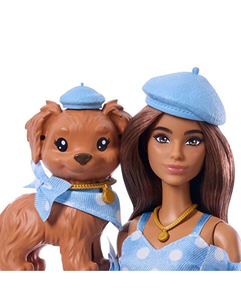 Barbie Uyumlu Dostlar Kahverengi Saçlı Bebek ve Köpekçiği JFP38