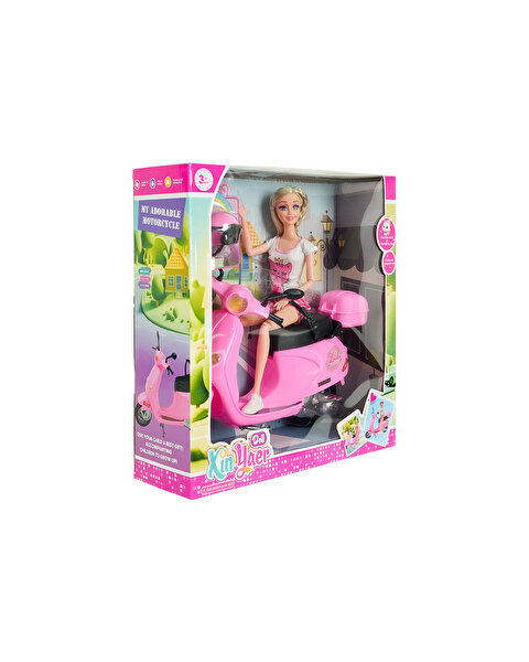 Pembe Motosiklet ve Kasklı Uzun Saçlı Bebek