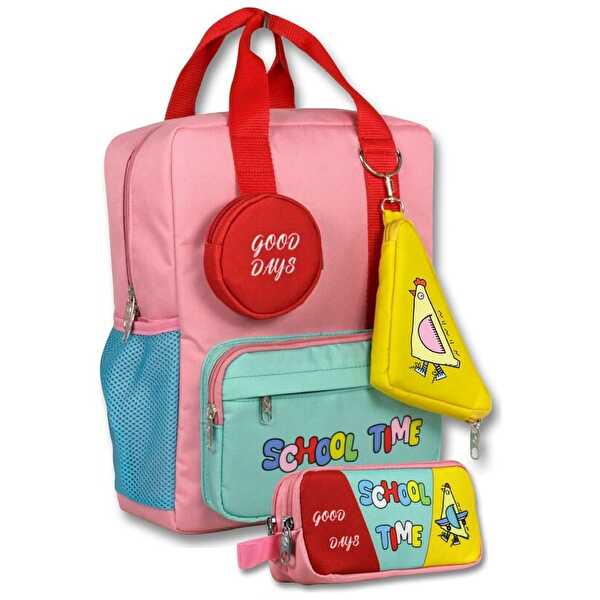 School Time Baskılı Pembe Yeşil Okul Çantası