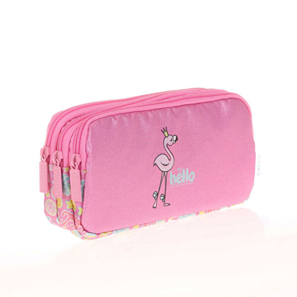 Kaukko Kids&Love 3 Bölmeli Aynalı Simli Flamin Kalem Çantası