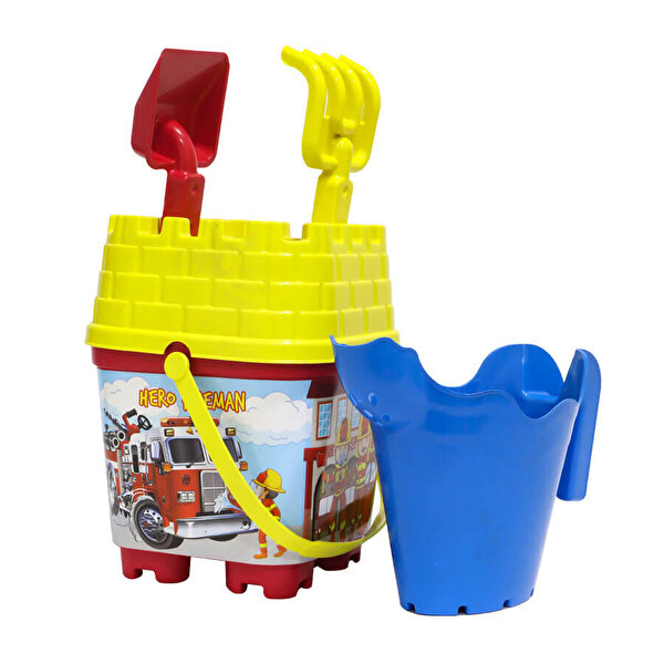 Resimli Sarı Kapaklı Mavi Suluklu Kale Kova Seti