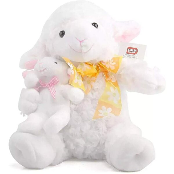 Türkçe Masal Anlatan Yavrulu Kuzu Peluş Beyaz