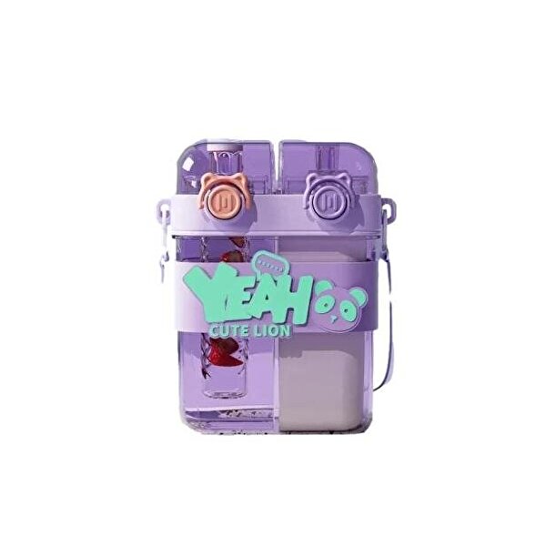 Yeah Askılı Çift Hazneli Çift Kapaklı Matara Mor