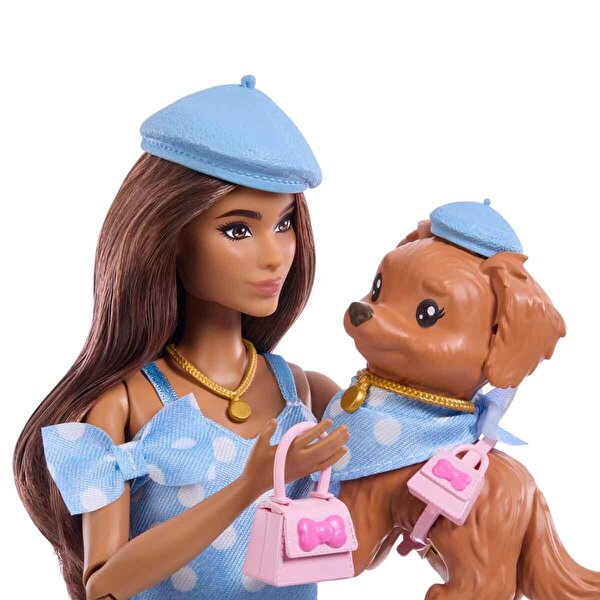 Barbie Uyumlu Dostlar Kahverengi Saçlı Bebek ve Köpekçiği JFP38