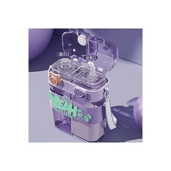 Yeah Askılı Çift Hazneli Çift Kapaklı Matara Mor