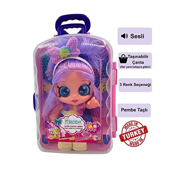 Sesli ve Taşınabilir Çantalı Şeker Kız Roza Bebek