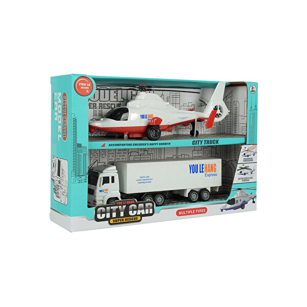 City Car Helikopter ve Kamyon İkili Araç Set Beyaz Kamyon