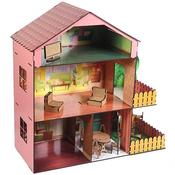 Ahşap Ağaçlı Bebek Evi 14 Parça