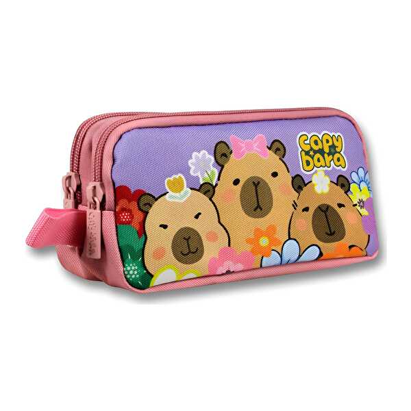 Çiçek ve Capybara Baskılı Mor Pembe Kalem Çantası