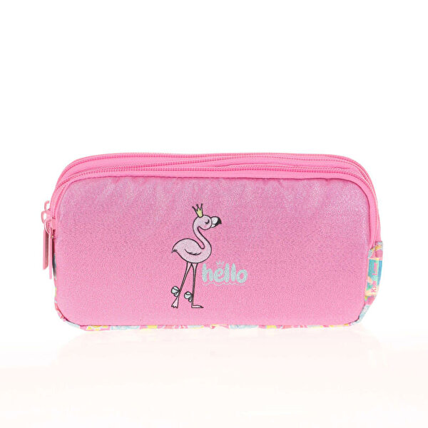 Kaukko Kids&Love 3 Bölmeli Aynalı Simli Flamin Kalem Çantası