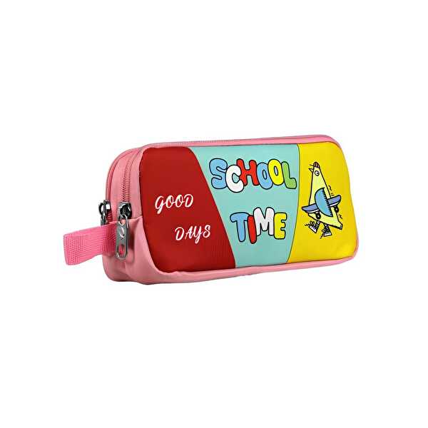 School Time Baskılı Pembe Yeşil Kalem Çantası