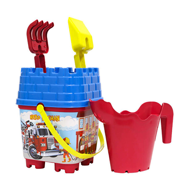 Resimli Mavi Kapaklı Kırmızı Suluklu Kale Kova Seti